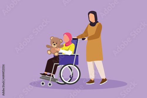 Character flat drawing Arabian mother with beautiful disabled daughter in wheelchair came for examination at clinic hospital. Mom helps cute child with disabilities. Cartoon design vector illustration