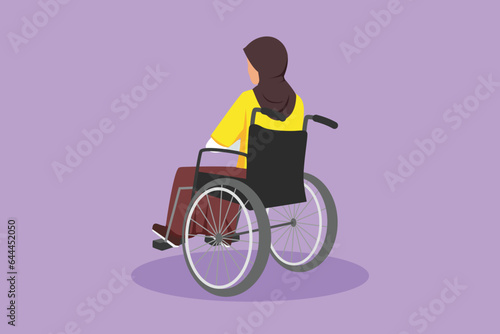Graphic flat design drawing back view of lonely old Arabian woman sitting on wheelchair, looking at distant dry autumn leaves. Lonely, forlorn, desolate, lonesome. Cartoon style vector illustration