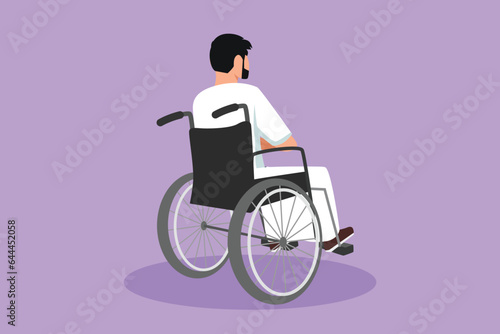 Graphic flat design drawing back view of lonely old Arab man sitting on wheelchair, looking at distant dry autumn leaves in outside. Lonely forlorn desolate lonesome. Cartoon style vector illustration photo
