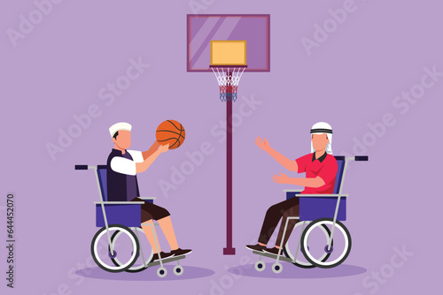 Graphic flat design drawing joyful disabled Arabian man in wheelchair playing basketball at basketball court. Responsibility and adaptive sports for disabled people. Cartoon style vector illustration