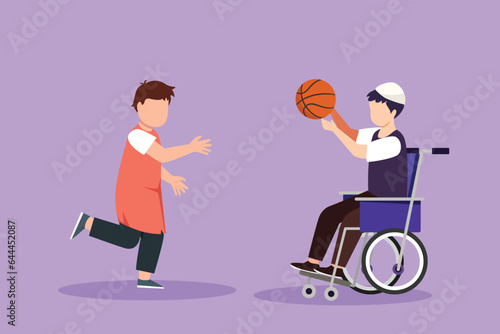 Graphic flat design drawing happy lifestyle of disabled people concept. Little Arab boy in wheelchair playing ball with male friend outdoors living active lifestyle. Cartoon style vector illustration