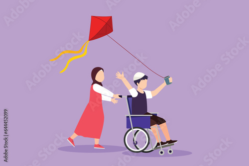 Cartoon flat style drawing happy disabled child playing together. Adorable little Arabian girl pushing boy in wheel chair with flying kite. Disabled has fun outside. Graphic design vector illustration