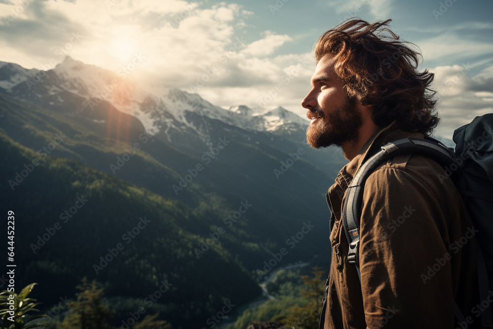 Handsome young man with a beard on the background of mountains