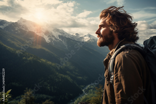 Handsome young man with a beard on the background of mountains