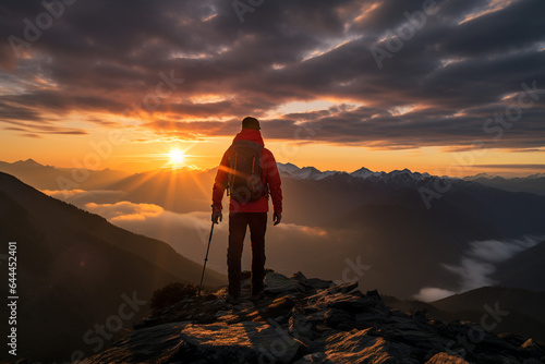 Hiker on the top of the mountain looking at the beautiful landscape sunset