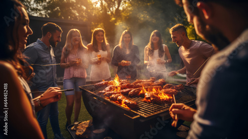 Wide-angle view of friends gathered around a smoky barbecue grill