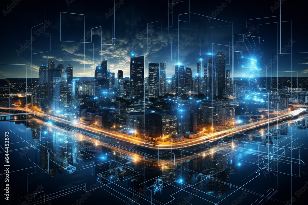 Abstract modern city and buildings at night with lights and connection lines. 3d rendering Abstract modern city and buildings at night with lights and connection lines. 3d rendering