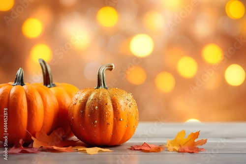 pumpkins with fall leaves on wooden ground, natural light, bokeh background, fall background with space for text