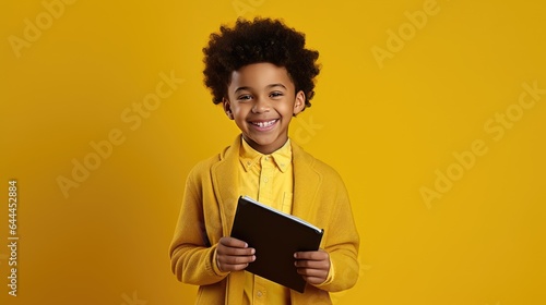 Portrait of a young schoolboy against a yellow background