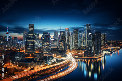 Abstract modern city and buildings at night with lights and connection lines. 3d rendering