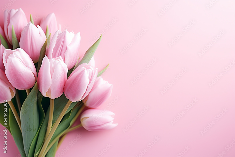 Bouquet of pink tulips in vase on pink background