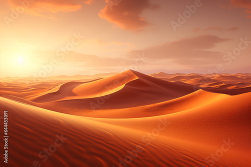 Desert sand dunes at sunset, 3d render nature background © Creative