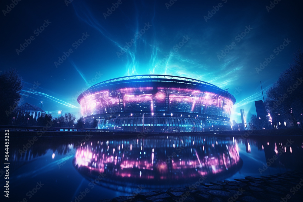 Night scene of modern city with illuminated stadium. 3D rendering.