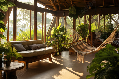 Recreation area of an eco hotel or eco house with hammocks and lots of green plants, creating a serene and relaxing ambiance