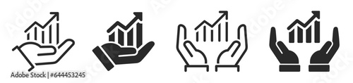 Growing graph in hand icons set. Hands holding graph with arrow icon. Success icon. Business growths chart. Profit growing sumbol flat and line style - stock vector.