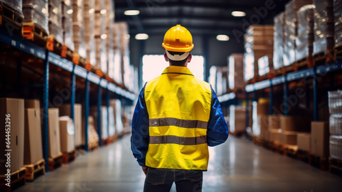 Man in yellow helmet overseeing stock in a large warehouse