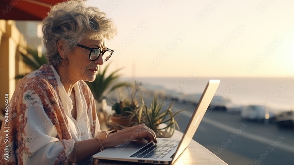 An elderly woman is working on a laptop