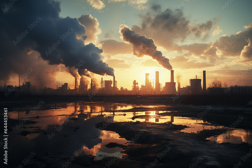 Industrial landscape with polluting factory at sunset. Vector illustration. Industrial landscape with polluting factory at sunset. Vector illustration.