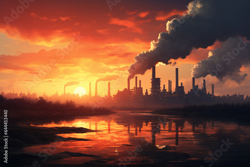 Industrial landscape with polluting factory at sunset. Vector illustration.