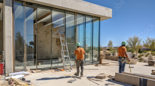 Panoramic view of workers installing a large glass door in a contemporary house