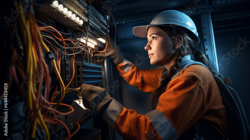 Female expert in safety gear meticulously working on a commercial fuse box
