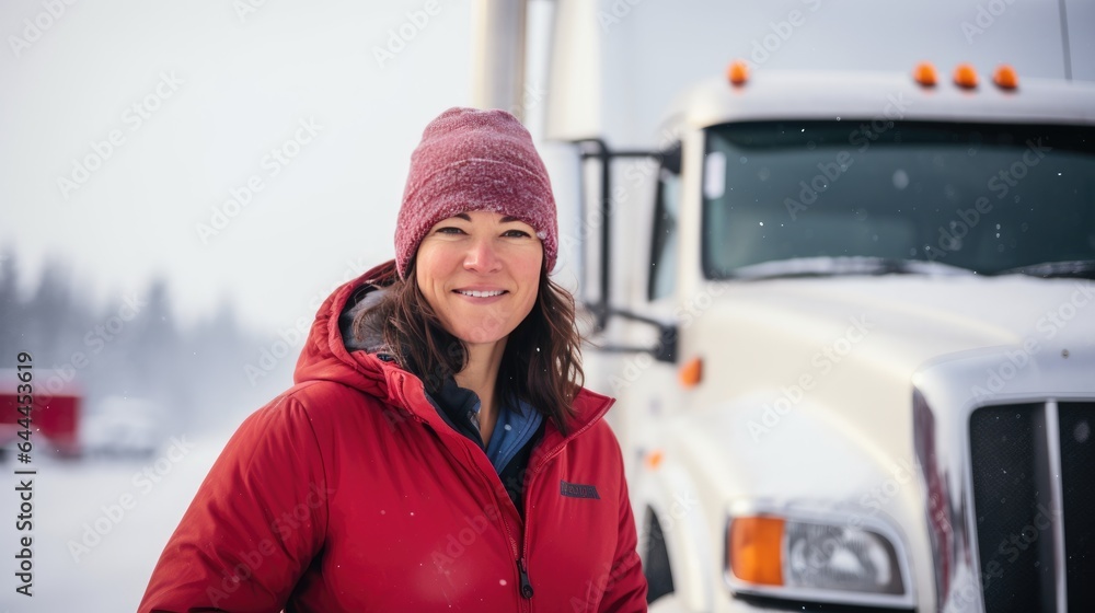 Portrait of a female truck driver in front of her truck in winter conditions Portrait of a female truck driver in front of her truck in winter conditions