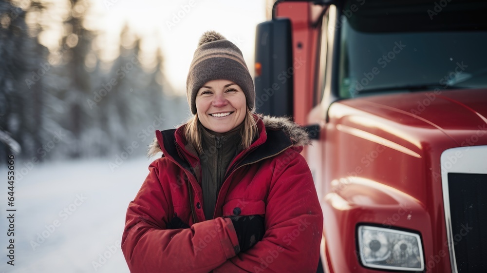 Portrait of a female truck driver in front of her truck in winter conditions