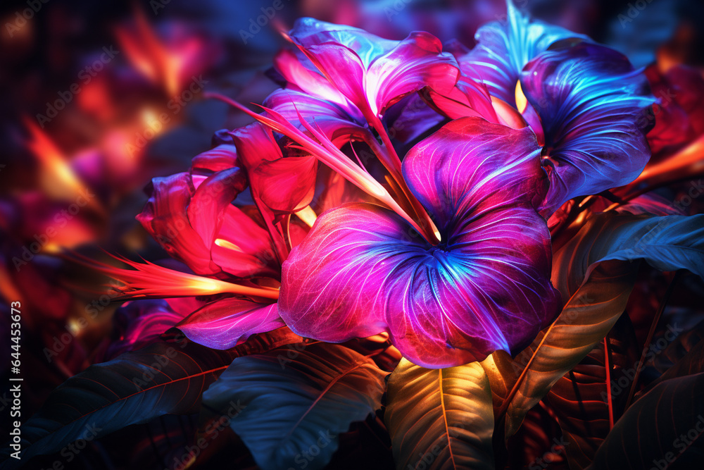 Beautiful tropical flowers in neon light. Floral background. Toned.