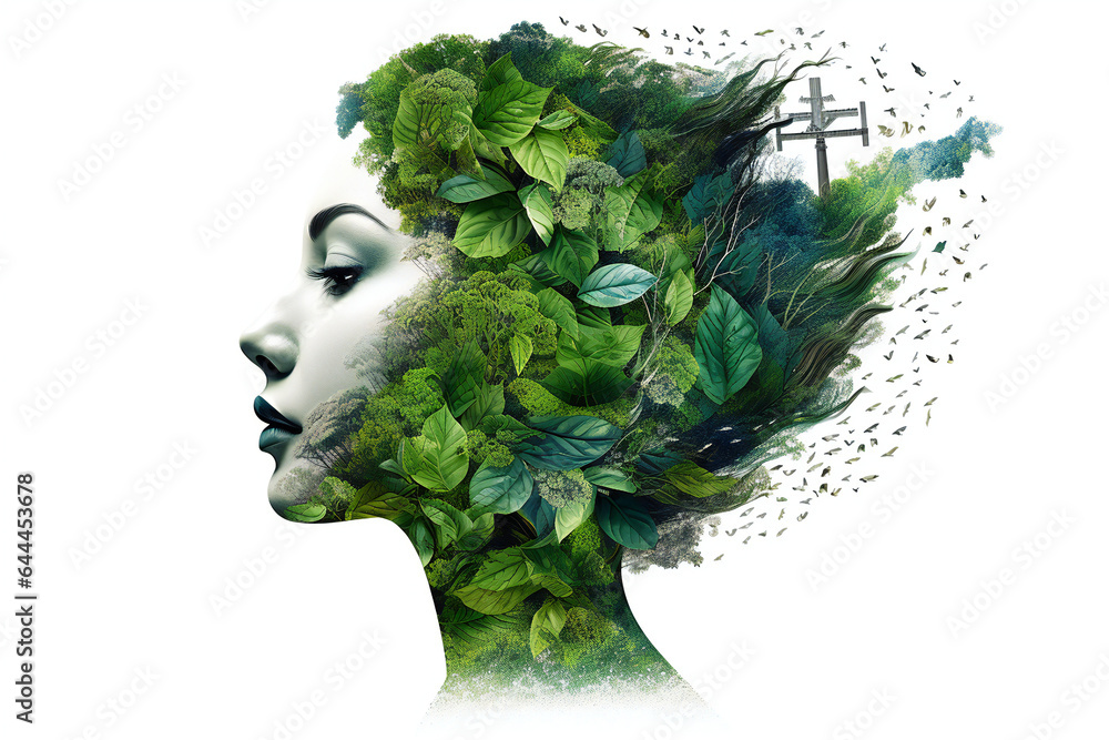 Environmentally and sustainability conscious image featuring a mysterious fairy-like woman with green leaves generated by Ai - obrazy, fototapety, plakaty 