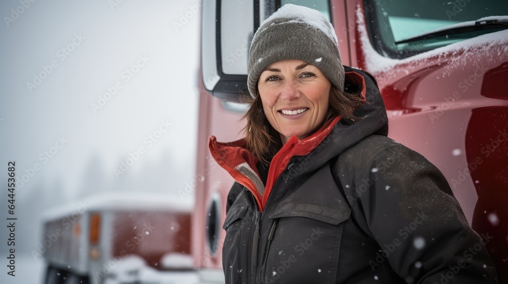 Portrait of a female truck driver in front of her truck in winter conditions Portrait of a female truck driver in front of her truck in winter conditions