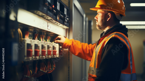 Wide shot of a electrician inspecting a fuse box with utmost precision