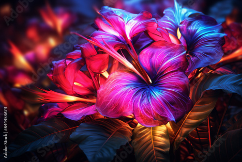 Beautiful tropical flowers in neon light. Floral background. Toned.