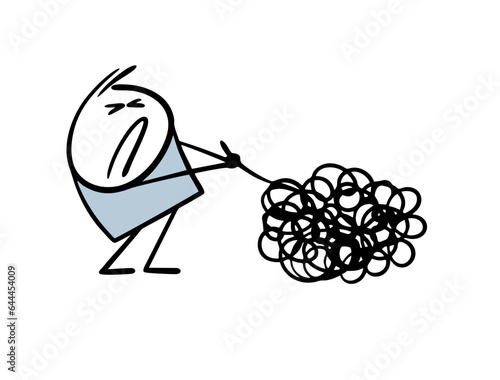 Cartoon weak patient pulls a thread in the tangle of his thoughts. Vector illustration of the help of a psychologist and a sick stickman.