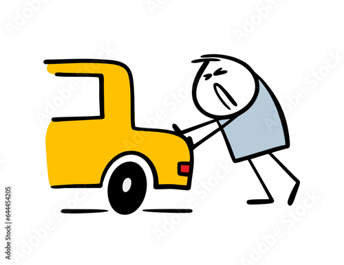 Hand drawn tired man pushes a yellow taxi car. Vector illustration of a faulty vehicle and a sad driver without skills.