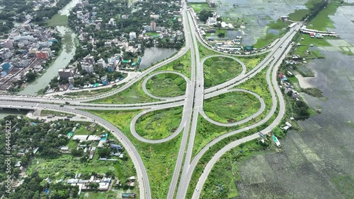 Aerial view of Bhanga four circle, a complex road intersection in Faridpur, Bangladesh. photo