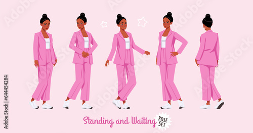 African american woman in pink suit standing, waitng pose set. Wide pants, loose fit business casual wear. Fashion, social media, style, beauty and pop culture blogger. Cartoon character illustration