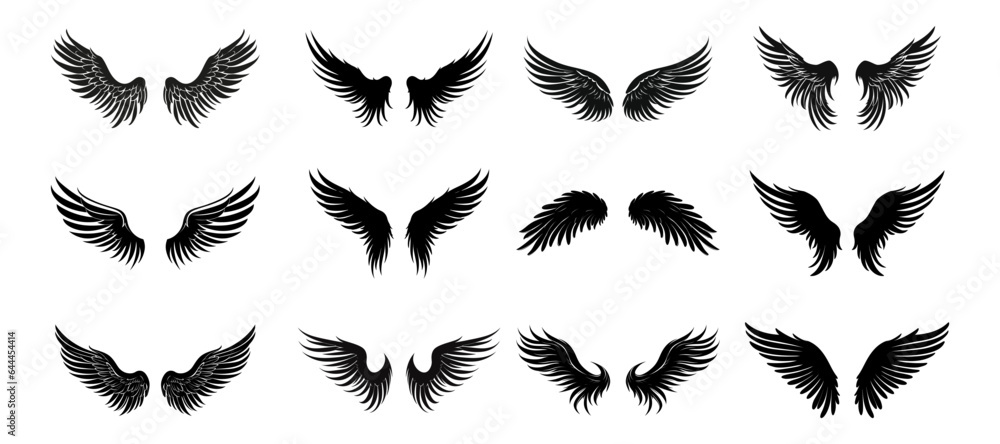 Set of black wings icons. Badges with wings. Collection badges with wings in flat style. Vector illustration Set of black wings icons. Badges with wings. Collection badges with wings in flat style. Vector illustration