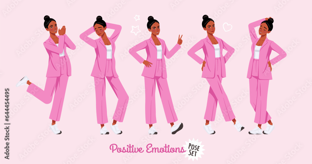 African american woman in pink suit positive emotions pose set. Wide pants, loose fit business casual wear. Fashion, social media, style, beauty and pop culture blogger. Cartoon character illustration