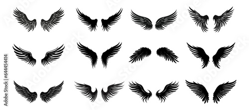 Set of black wings icons. Badges with wings. Collection badges with wings in flat style. Vector illustration