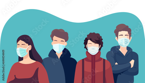 Group of people wearing medical masks to prevent illness, flu, covid in flat style. Vector illustration