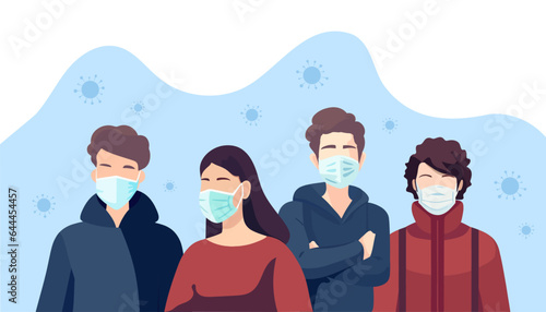 Group of people wearing medical masks to prevent illness, flu, covid in flat style. Vector illustration