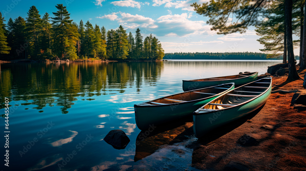 Three canoes parked on a lake with spectacular landscape