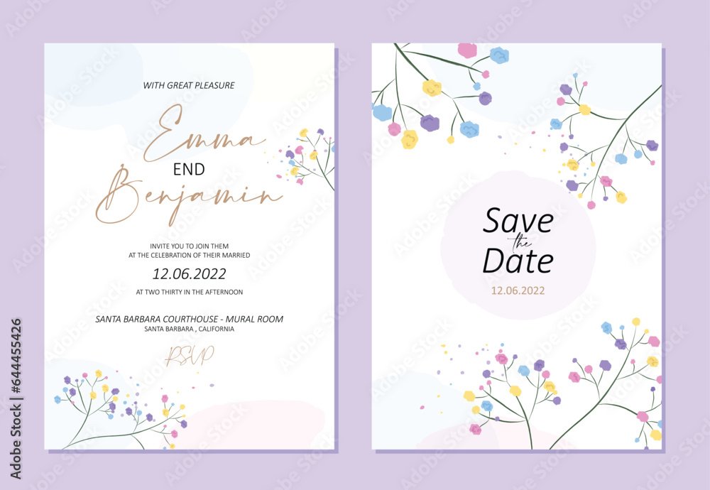 Gentle background of the wedding invitation with colorful flowers (gypsophila). Used watercolor technique. The invitation is made in a rustic style.