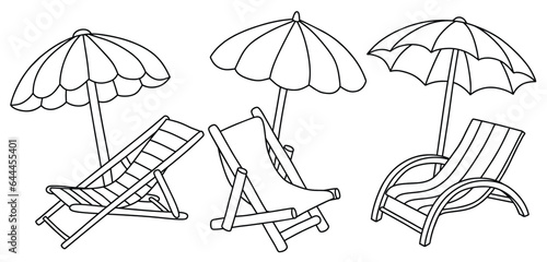 Set of hand drawn beach chairs. beach Chair Line art black isolated on white background.