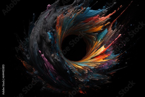 Abstract image featuring a central black hole amidst vibrant patterns against a black backdrop. Generative AI
