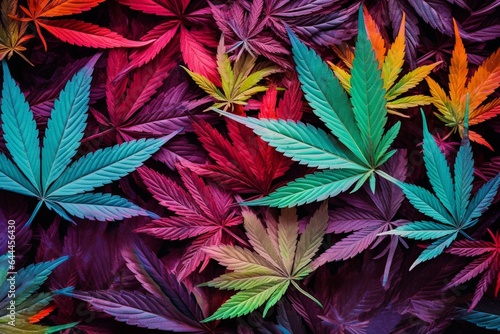 Vivid cannabis leaves form a backdrop with psychedelic patterns. Generative AI