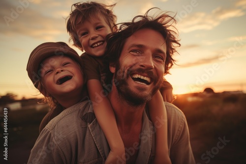 Father with children on his shoulders in nature at sunset. © Fotograf