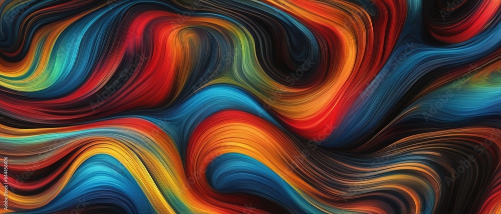 Abstract multicolored waves of thin paint on black background, digital painting, wallpaper
