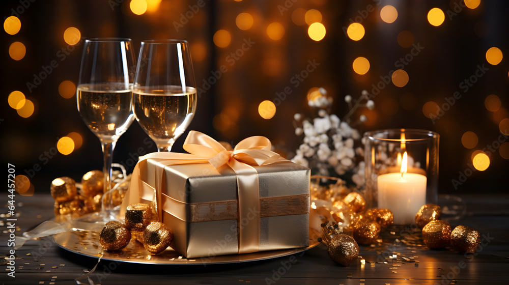 Christmas background with Champagne glasses and gifts or New Year Christmas background with Champagne glasses and gifts or New Year