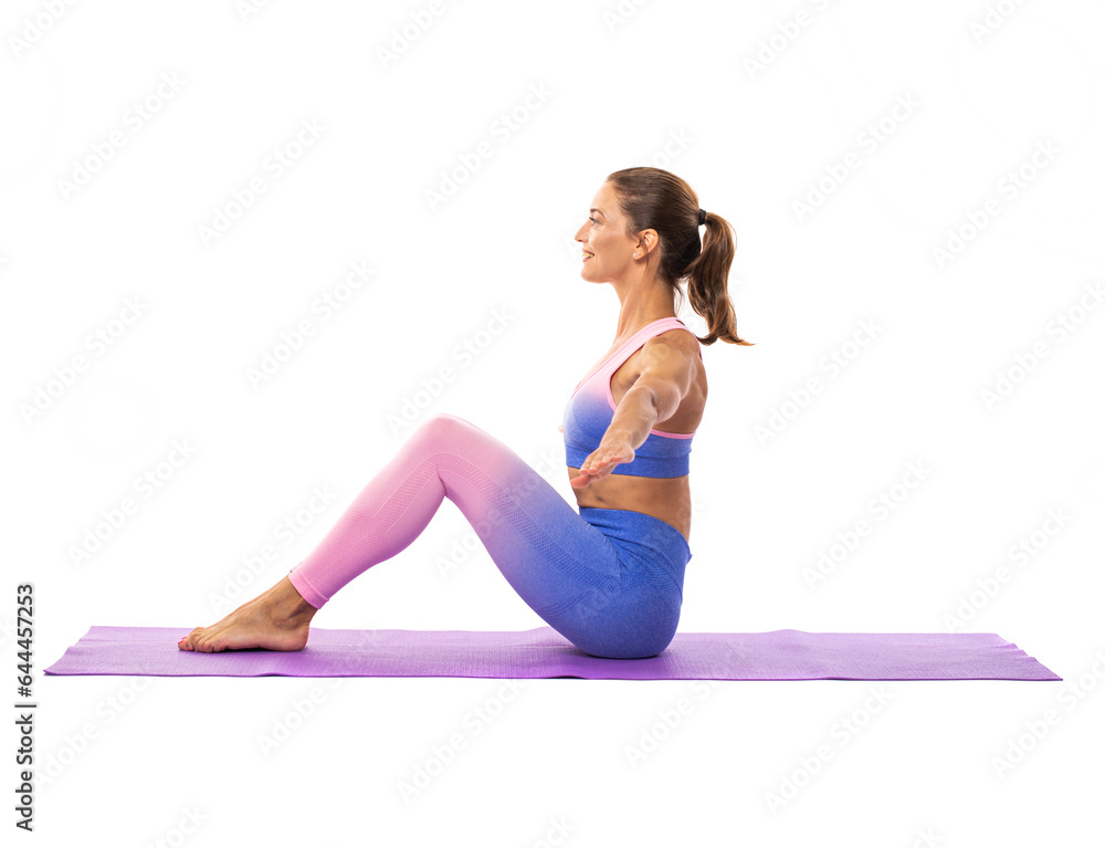 Happy young athletic woman doing gymnastics - isolated on white background